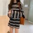 Women Knitted Sweater Fashion Striped Ice Silk Ice Silk Mid length Blouse Round Neck Pullover Loose Tops black One size