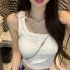 Women Knitted Tank Tops Summer U neck Slim Fit Crop Tops Sexy Slim Fit Simple Solid Color Sleeveless Shirt White L