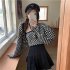 Women Knitted Vest Fashion Retro Checkerboard Long Sleeves Cardigan Tops Elegant Knitted Sweater Tops blue vest One size fits all