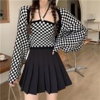 Women Knitted Vest Fashion Retro Checkerboard Long Sleeves Cardigan Tops Elegant Knitted Sweater Tops black coat One size fits all