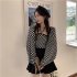 Women Knitted Vest Fashion Retro Checkerboard Long Sleeves Cardigan Tops Elegant Knitted Sweater Tops blue coat One size fits all