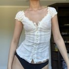 Women Lace Blouse Sexy V Neck Sleeveless Pleated Cardigan Tops Elegant Slim Fit Solid Color Shirts White S