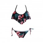 Women Lace Edge Halter Neck Flower Printed Split Bikini Swimwear