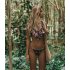 Women Lace Edge Halter Neck Flower Printed Split Bikini Swimwear