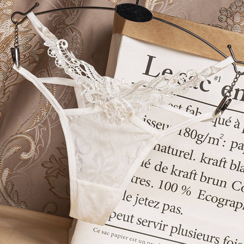 Women Lace G-string Low Waist Jacquard Floral Thin Ribbon Sexy Underwear Erotic Briefs Panties white_One size