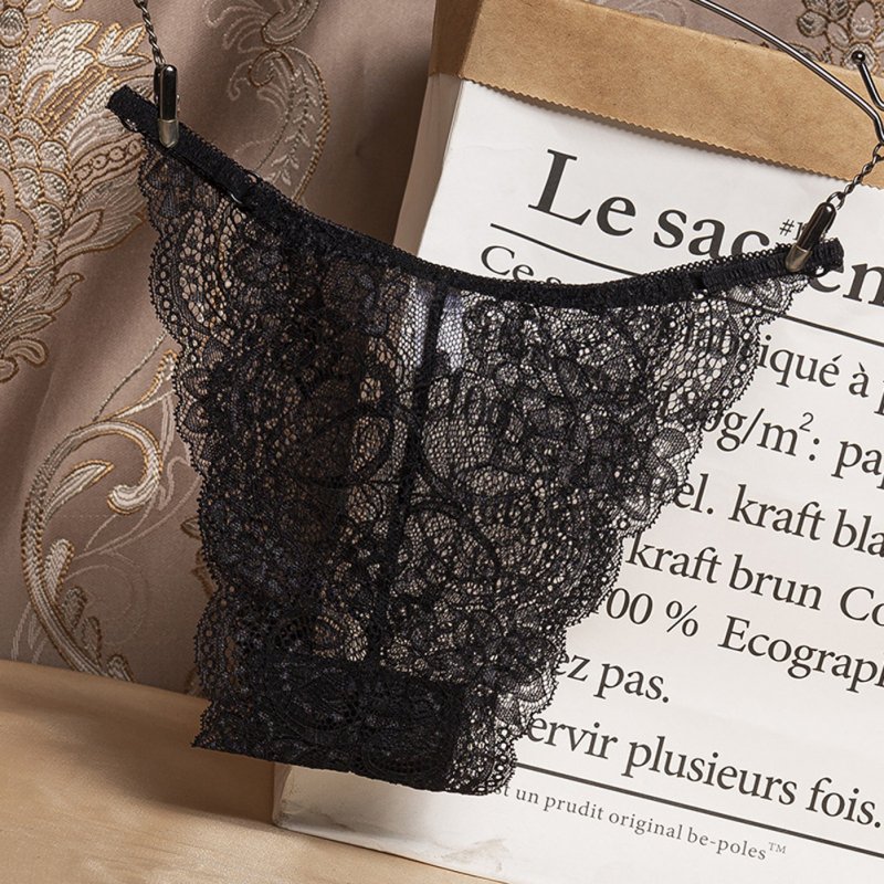 Women Lace G-string See-through Low Waist Sexy Underwear Cotton Crotch Erotic Briefs Panties black_One size