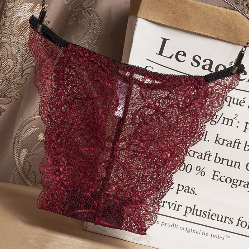 Women Lace G-string See-through Low Waist Sexy Underwear Cotton Crotch Erotic Briefs Panties wine Red_One size