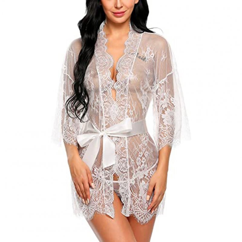 Women Lace Kimono Robe Babydoll Lingerie Mesh Nightgown  white_L