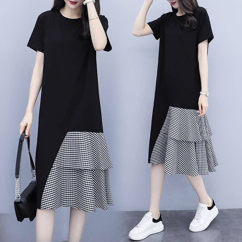 Women Lady Casual New Large Size Dress Korean Version Short-sleeve Long T-shirt Fake Two Pieces Irregular Dress black_M