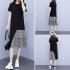 Women Lady Casual New Large Size Dress Korean Version Short sleeve Long T shirt Fake Two Pieces Irregular Dress black M