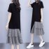 Women Lady Casual New Large Size Dress Korean Version Short sleeve Long T shirt Fake Two Pieces Irregular Dress black L
