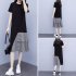Women Lady Casual New Large Size Dress Korean Version Short sleeve Long T shirt Fake Two Pieces Irregular Dress black L