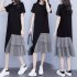 Women Lady Casual New Large Size Dress Korean Version Short sleeve Long T shirt Fake Two Pieces Irregular Dress black L