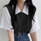 Women Lapel Blouse Summer Trendy Contrast Color Short-sleeved T-shirt Elegant Loose Casual Breathable Tops black S