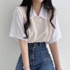 Women Lapel Blouse Summer Trendy Contrast Color Short-sleeved T-shirt Elegant Loose Casual Breathable Tops apricot S