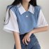 Women Lapel Blouse Summer Trendy Contrast Color Short sleeved T shirt Elegant Loose Casual Breathable Tops apricot XXL