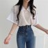 Women Lapel Blouse Summer Trendy Contrast Color Short sleeved T shirt Elegant Loose Casual Breathable Tops black M