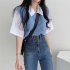 Women Lapel Blouse Summer Trendy Contrast Color Short sleeved T shirt Elegant Loose Casual Breathable Tops black M