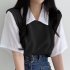 Women Lapel Blouse Summer Trendy Contrast Color Short sleeved T shirt Elegant Loose Casual Breathable Tops black M