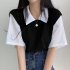 Women Lapel Blouse Summer Trendy Contrast Color Short sleeved T shirt Elegant Loose Casual Breathable Tops black M
