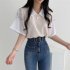 Women Lapel Blouse Summer Trendy Contrast Color Short sleeved T shirt Elegant Loose Casual Breathable Tops black M