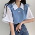 Women Lapel Blouse Summer Trendy Contrast Color Short sleeved T shirt Elegant Loose Casual Breathable Tops black L