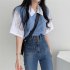 Women Lapel Blouse Summer Trendy Contrast Color Short sleeved T shirt Elegant Loose Casual Breathable Tops black M