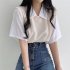 Women Lapel Blouse Summer Trendy Contrast Color Short sleeved T shirt Elegant Loose Casual Breathable Tops black M