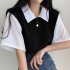 Women Lapel Blouse Summer Trendy Contrast Color Short sleeved T shirt Elegant Loose Casual Breathable Tops black M