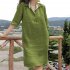 Women Lapel Dress Cotton Linen Elegant Solid Color Loose A line Skirt Large Size Casual Mid length Dress wine red M