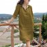 Women Lapel Dress Cotton Linen Elegant Solid Color Loose A line Skirt Large Size Casual Mid length Dress wine red M