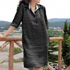 Women Lapel Dress Cotton Linen Elegant Solid Color Loose A-line Skirt Large Size Casual Mid-length Dress black XL
