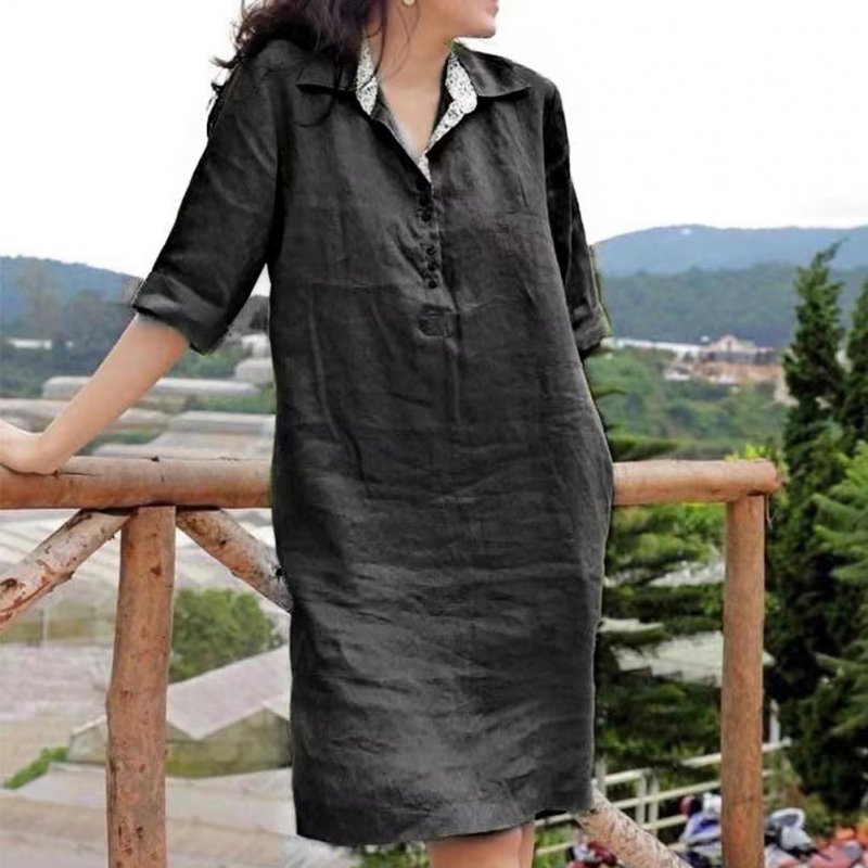 Women Lapel Dress Cotton Linen Elegant Solid Color Loose A-line Skirt Large Size Casual Mid-length Dress black XXL
