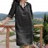 Women Lapel Dress Cotton Linen Elegant Solid Color Loose A line Skirt Large Size Casual Mid length Dress black XXL