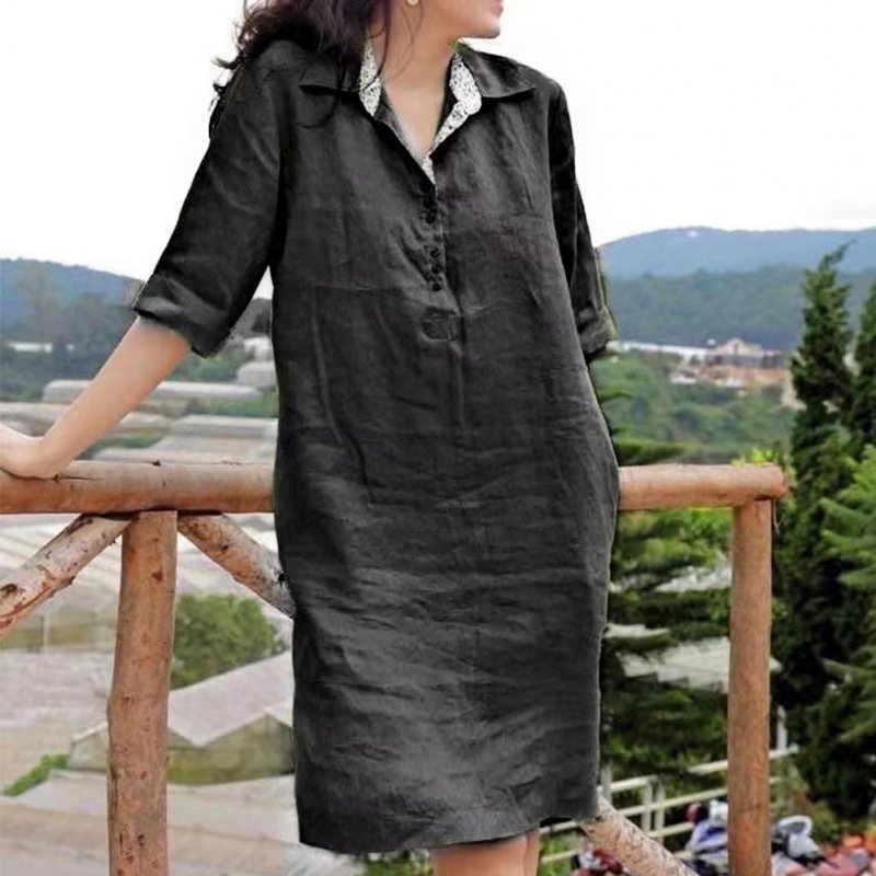 Women Lapel Dress Cotton Linen Elegant Solid Color Loose A-line Skirt Large Size Casual Mid-length Dress black 4XL