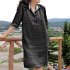 Women Lapel Dress Cotton Linen Elegant Solid Color Loose A line Skirt Large Size Casual Mid length Dress black 4XL