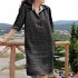 Women Lapel Dress Cotton Linen Elegant Solid Color Loose A line Skirt Large Size Casual Mid length Dress black 4XL