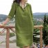 Women Lapel Dress Cotton Linen Elegant Solid Color Loose A line Skirt Large Size Casual Mid length Dress green L