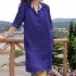 Women Lapel Dress Cotton Linen Elegant Solid Color Loose A line Skirt Large Size Casual Mid length Dress sky blue XXL