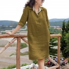 Women Lapel Dress Cotton Linen Elegant Solid Color Loose A-line Skirt Large Size Casual Mid-length Dress dark yellow XXL