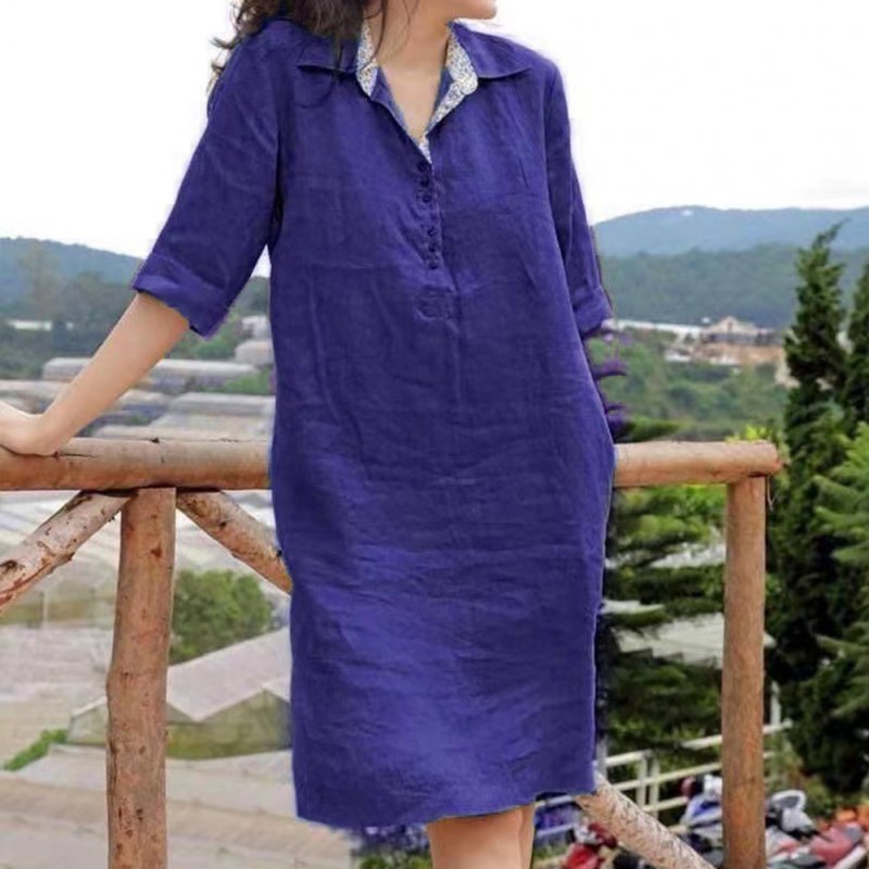 Women Lapel Dress Cotton Linen Elegant Solid Color Loose A-line Skirt Large Size Casual Mid-length Dress Violet 3XL
