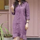 Women Lapel Dress Cotton Linen Elegant Solid Color Loose A-line Skirt Large Size Casual Mid-length Dress purple pink S