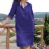 Women Lapel Dress Cotton Linen Elegant Solid Color Loose A line Skirt Large Size Casual Mid length Dress purple pink L