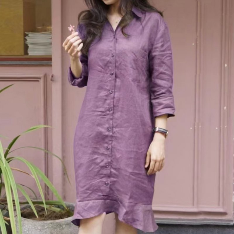 Wholesale Women Lapel Dress Cotton Linen Elegant Solid Color Loose A-line  Skirt Large Size Casual Mid-length Dress purple pink 3XL From China