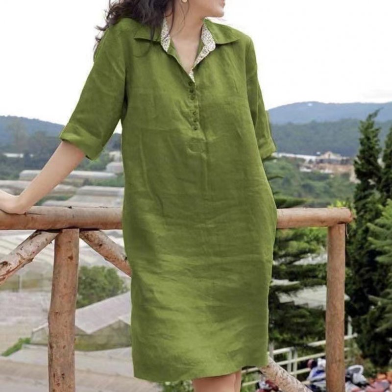 Women Lapel Dress Cotton Linen Elegant Solid Color Loose A-line Skirt Large Size Casual Mid-length Dress green XXL