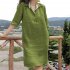 Women Lapel Dress Cotton Linen Elegant Solid Color Loose A line Skirt Large Size Casual Mid length Dress green 3XL