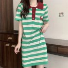 Women Lapel Knitted Dress Summer Short Sleeves Embroidery A-line Skirt Trendy Contrast Color Striped Dress green One size