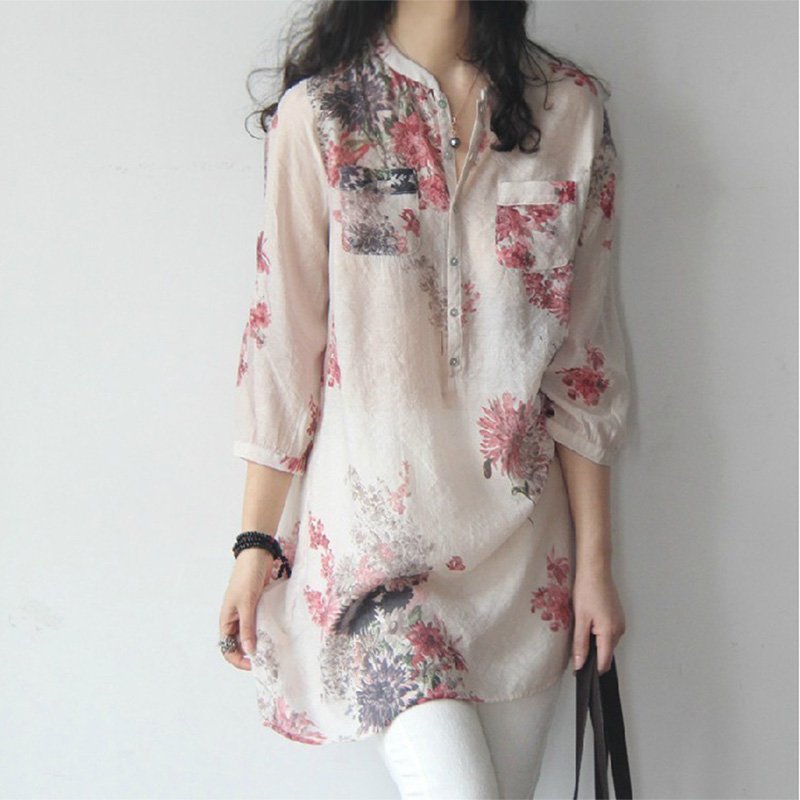 Women Large Size Cotton Linen Floral Printing Loose Shirt Red_XXL