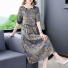 Women Large Size Dress Elegant Half Sleeves Retro Printed Round Neck A-line Skirt Loose Casual Mid-length Dress As shown 2XL