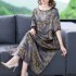 Women Large Size Dress Elegant Half Sleeves Retro Printed Round Neck A line Skirt Loose Casual Mid length Dress As shown 2XL